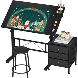 Adjustable Drafting Table with Tilt & Height - Drawing & Computer Desk with Stool & Storage - Wood Finish (Black + Storage Cabinet)