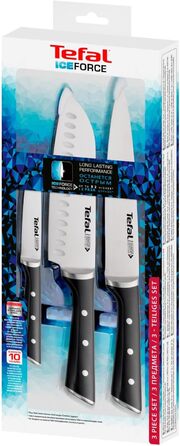 Набір ножів Tefal Ice Force 3 шт: ніж для м'яса 20 см, ніж Сантоку 18 см, універсальний ніж 11 см, нержавіюча сталь, чорний, K232S3