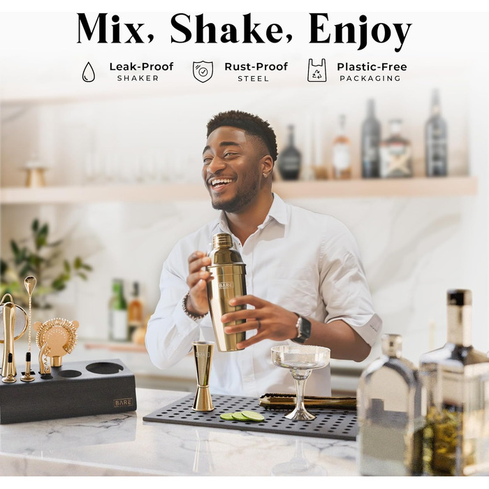 Професійний набір для коктейлів BARE BARREL Mixology Barkeeper Kit, 14 предметів, золотий, з шейкером Коблер 24oz та картками рецептів