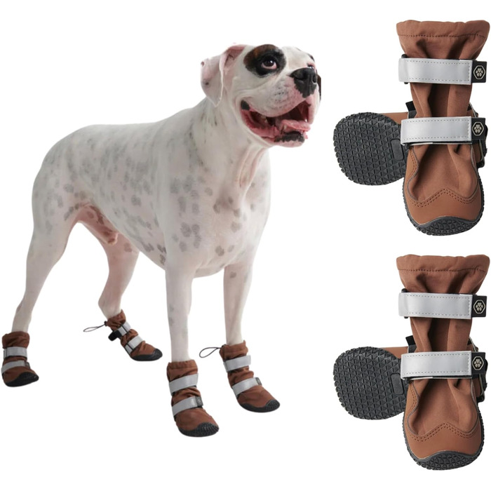 Spark Paws Waterproof Dog Shoes for Medium and Large Dogs, Non-Slip Reflective Dog Boots for Rain, Snow, Hiking, 4-Pack - Brown, A
