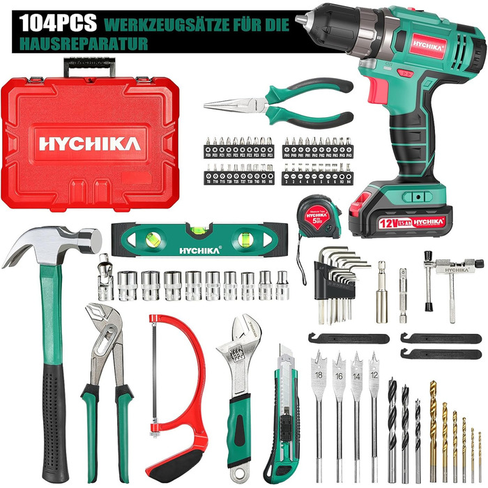 Набір інструментів HYCHIKA DIY Pro: акумуляторний дриль-шуруповерт 30Nm + 104 шт. + кейс. Для ремонту та обслуговування
