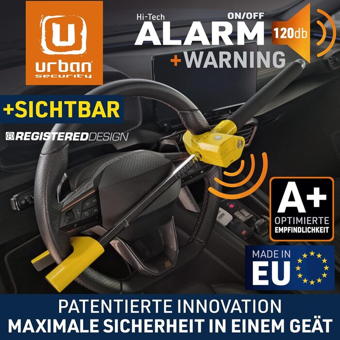 URBAN UR978Y Подвійний замок-блокіратор керма з сигналізацією 120 дБ і LED, універсальна протиугінна система для авто, патентована, з/без сигналізації, для легкових авто та кемперів