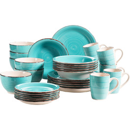 MÄSER 931614 Bel Tempo II 30-piece Vintage Dinnerware Set for 6 People, Hand-painted Ceramic Combination Service in Turquoise, Stoneware