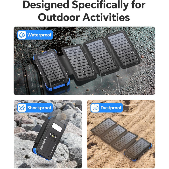 Powerbank Solar 26800mAh з USB-C, 5 виходів, водонепроникний, з карабіном та ліхтариком, для кемпінгу, телефонів та планшетів (блакитний)