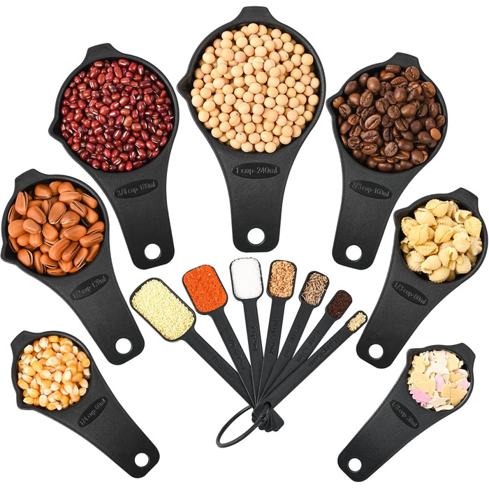 Black Measuring Cup and Spoon Set, 15 Pieces, Plastic, BPA-Free, Stackable, for Baking and Cooking