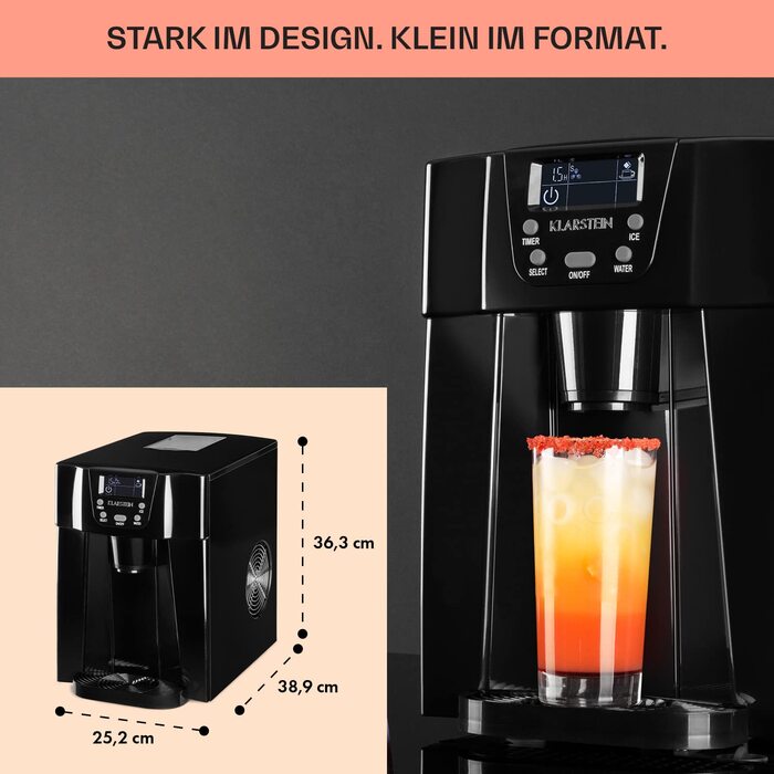 Машина для приготування льоду Klarstein Eiswürfelmaschine Klein, 2 л, водопостачальник, для 12 кг великого льоду, швидка, з сигналом, пластик (чорний)