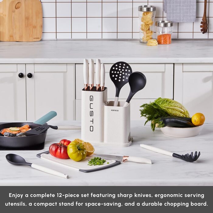 Набір ножів Karaca Gusto 12 предметів з дощечкою та кухонними аксесуарами, з нержавіючої сталі, ергономічні ручки, чорний (кремовий)
