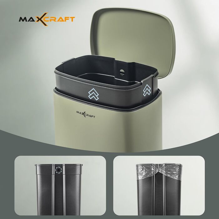 Сталевий відро для сміття з педальним механізмом, 50 літрів, з внутрішнім відром з пластику, м'яке закриття, зелений колір, для кухні, ванної кімнати або офісу