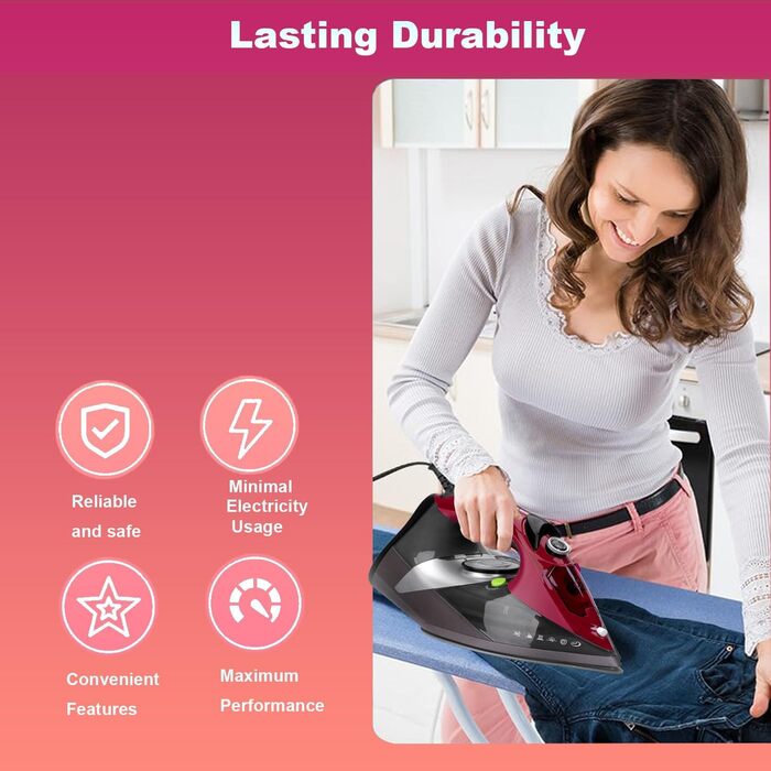 Відпарювач для одягу 3000W з керамічною підошвою - відпарювач з кабелем, самоочищення, резервуар 340мл, автоматичне вимкнення, червоний