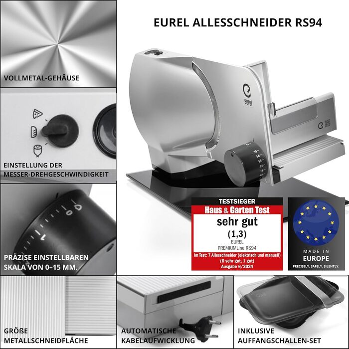 EUREL RS92 Electric Food Processor - Stainless Steel Blade, Adjustable 0-15mm, Glass Plate, Serving & Storage Set, 100W