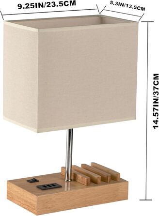 Настільна лампа Dreamholder з 3 USB-портами (A+C), підставкою для телефону, для спальні, вітальні, офісу, з натуральним дерев'яним цоколем та тканинним абажуром