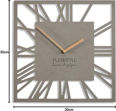 FLEXISTYLE Wall Clock No Ticking Sound Modern LOFT Piccolo Square 30cm Living Room Bathroom, z219n (Gray)