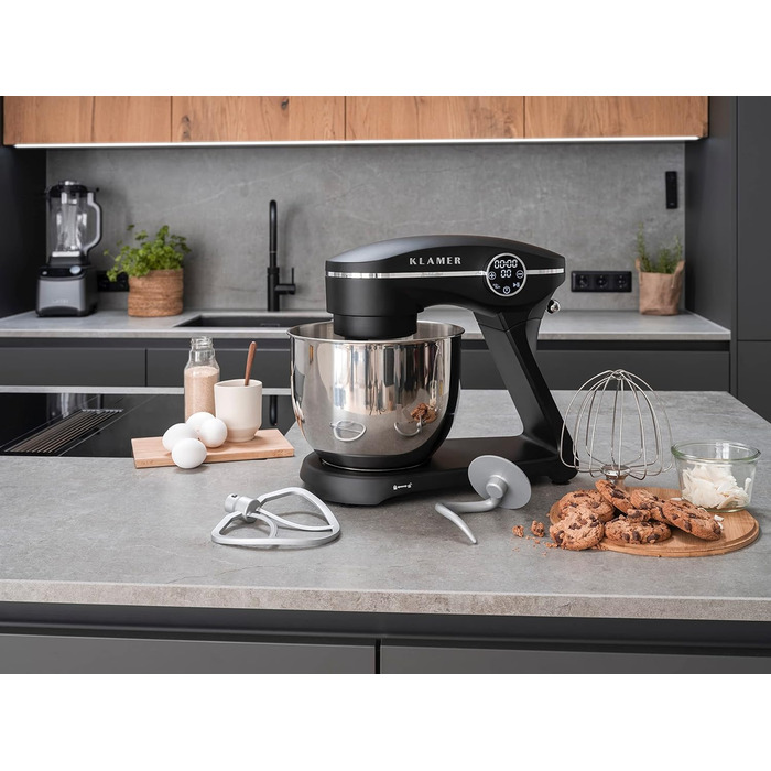 KLAMER 1800W Stand Mixer - Stainless Steel Bowl 6L, 10 Speed, Timer, Planetary Mixing, Dough Hook, Whisk & Beater - Black