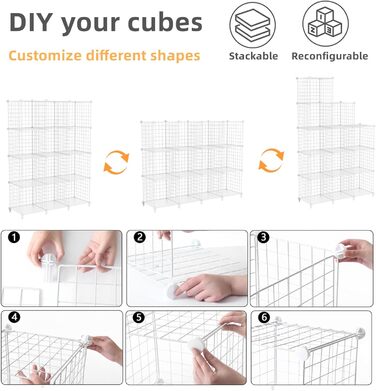 AWTATOS Regal 12 Regal Wire Cube Stackable Shelf Cube DIY Metal Grid Shelf Cube Bookshelf Cube Shelf With Doors For Living Room, Bedroom, Bathroom USCIH12BE (Large, White)