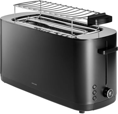 ZWILLING ENFINIGY Toaster with 3 automatic programs, 7 browning levels, and an auto-off function, long-slot toaster for 4 short or 2 long slices, with a roll holder attachment, Black with attachment Black