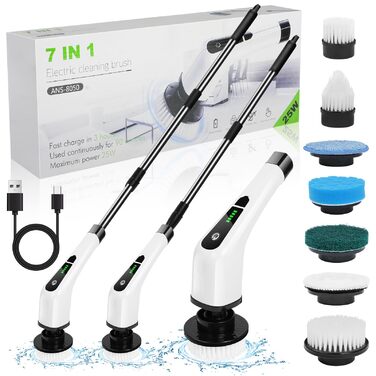 Електрична щітка для чищення OSDUE з 7 насадками, бездротова, водонепроникна IPX7, для ванни та плитки, з регульованою ручкою 137 см, біла