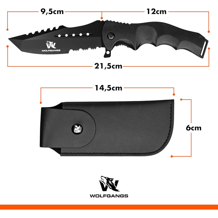 Wolfgang's UNDIQUE One-Handed Folding Knife made from fine 440C steel - One-Handed knife with leather holster - Outdoor knife with multi-functional blade - Strong survival - Hunting knife Bushcraft One-Handed Folding Knife FullBlack