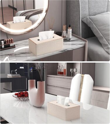 LADSTAG Tissue Box, PU Leather Tissue Box Cover with 4 Coasters, Tissue Box Cover for Rectangular Tissues, W x D x H: 25 x 13.5 x 9.5 cm (Beige)
