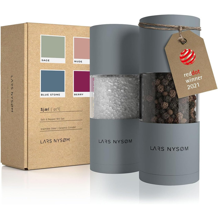 LARS NYSØM Salt and Pepper Grinder Set made of Stainless Steel with Adjustable Ceramic Grinder 2 Pieces | Manual Spice Mills with High-Quality Design (2 pcs) (Ash Gray)