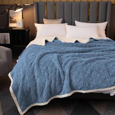 Плед Sherpa-Fleece з начосом, двосторонній, м'який, в'язаний фланелевий плед для дивану, ліжка, 150 x 200 см, сіро-блакитний