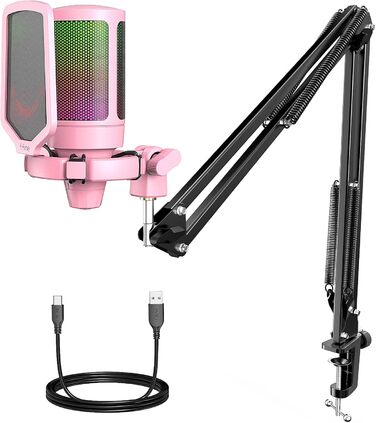 Мікрофон FIFINE для ігор та стримінгу, USB, з кріпленням, для ПК, MAC, PS4, PS5 (Рожевий)
