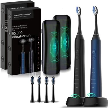 Електрична зубна щітка Tristan Auron 55000 VPM з UV-кейсом - 60 днів роботи від акумулятора, 5 режимів чищення, IPX7, чорний/блакитний