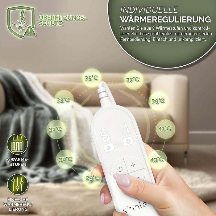 Електрична ковдра Sinnlein® з автовимкненням 160 x 120 см | 9 температурних режимів | Ковдра для ліжка та дивана | Таймер, цифрова панель керування (180x130 см, світло-сіра)
