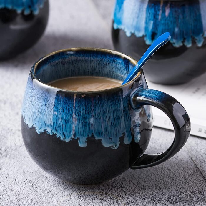 UNICASA Porcelain Coffee Mugs, Set of 4 Cups with Handles, Each 530 ml, Porcelain Cups for Tea, Coffee, Milk, Cappuccino, Blue