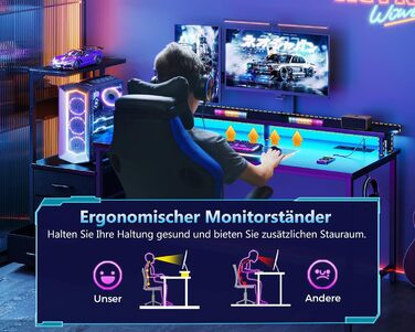 Ігровий стіл Coleshome з шухлядами, 151x50 см, з LED-підсвічуванням та розеткою, стіл для комп'ютера з полицями та підставкою для монітора, карбонове волокно, чорний