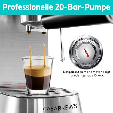 CASABREWS Espresso Machine 20 Bar, Stainless Steel Espresso Machine with Professional Milk Frother, Small Coffee Machine Espresso for Cappuccino, Latte & Macchiato, 1L Water Tank, silver A-silver