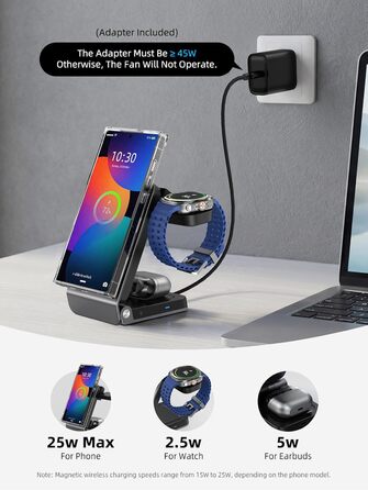Магнітна бездротова зарядка Samsung з активним охолодженням 3-в-1 для Galaxy S26 Ultra, Watch 8 та Buds 4. Складана Qi зарядка для Android сірого кольору