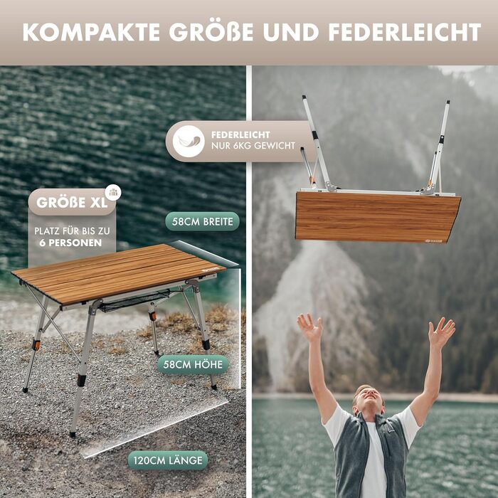 Стіл для кемпінгу NATURBUMMLER® Solid Litec+ - розкладний, легкий, регульований, з сумкою. Алюміній, для відпочинку на природі, риболовлі (X-Large)