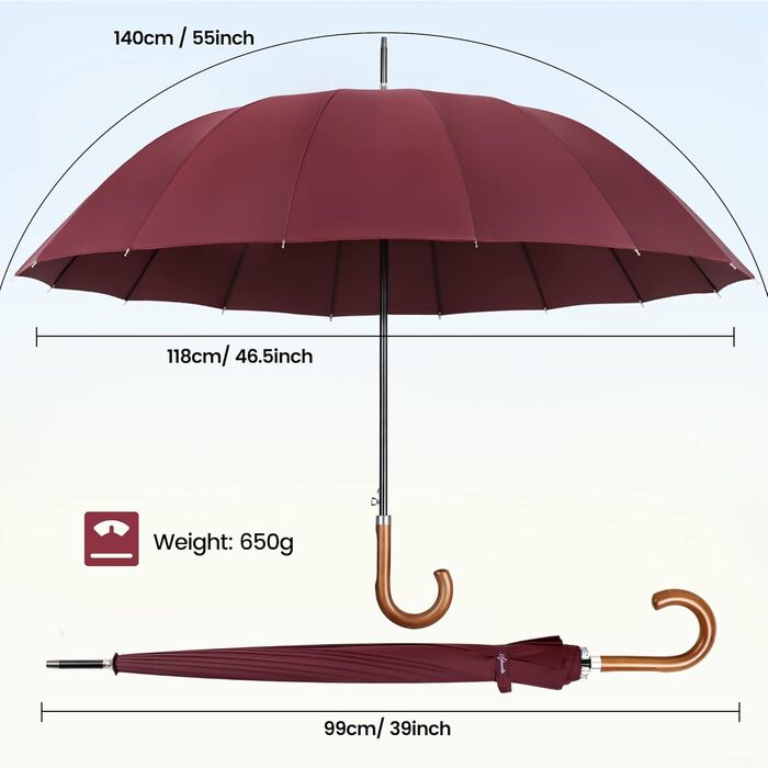 NINEMAX Large Windproof Umbrella - Wooden Handle Walking Umbrella for Men & Women - 16 Ribs Automatic Open - Burgundy