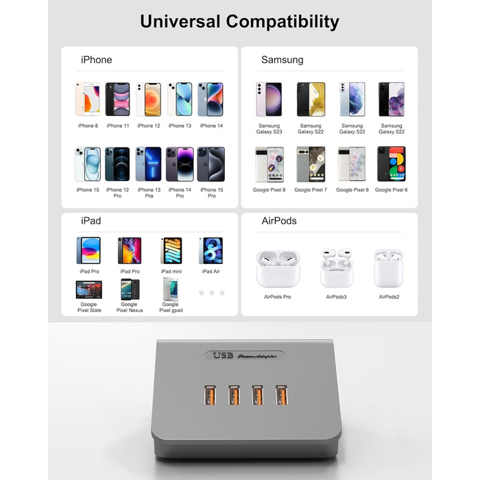 Багатопортова USB зарядка POANES 25W: 4 порти для iPhone, Samsung, LG, Huawei та інших пристроїв (Чорний/Сірий)