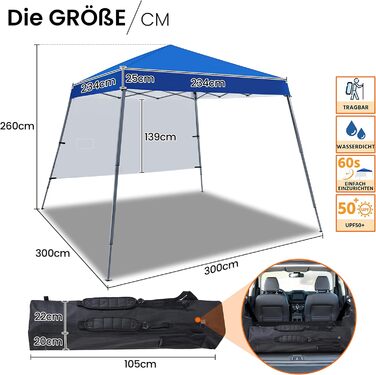 Yaheetech 3x3m Pop-Up Gazebo, Folding Canopy, Waterproof with 1 Side Wall, One Push Garden Gazebo with Carry Bag, UV Protection, Foldable Tent for Camping, Festivals, Parties, Blue