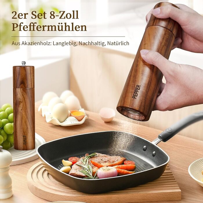 Набір з 2 дерев'яних мельниць для солі та перцю, ручні, 20 см, з регульованим керамічним жорном, для солі та перцю, у подарунковій коробці