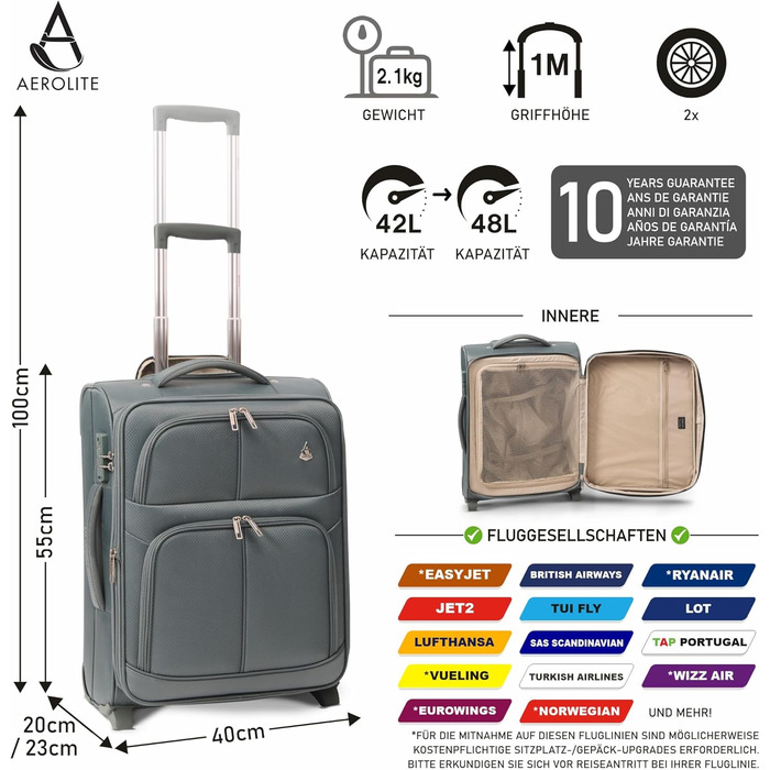 Розширюваний валіза Aerolite 55x40x20/23 см - ручна поклажа для Lufthansa, Eurowings, Condor, SunExpress, TUI (зелений)
