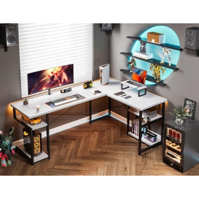 Кутовий ігровий комп'ютерний стіл 168x120 см, білий, з подовжувачем