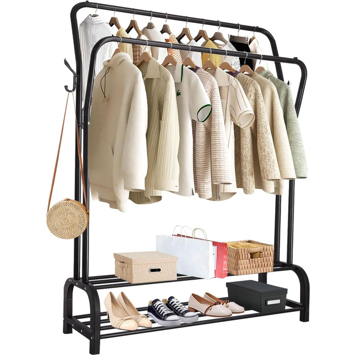 Стійка для одягу на підлозі з металу з полицею для взуття та нижньою полицею, чорна, подвійна