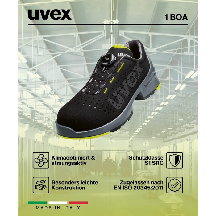 Робочі черевики Uvex 1 BOA S1 SRC, напівчеревики, легкі, чорно-лаймові, 40 EU (для жінок та чоловіків)