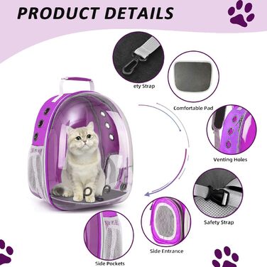 Розширюваний рюкзак для котів та маленьких собак, переноска-рюкзак з прозорим вікном, для подорожей та прогулянок (фіолетовий)