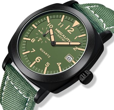 MEGALITH Годинник чоловічий Military Sport Outdoor, водонепроникні з шкіряним ремінцем, сталевий корпус, велике циферблат, з підсвічуванням, календар, дата, кварцові, чоловічі годинники