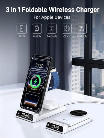 MagSafe Зарядна станція 3-в-1 для Apple Watch та iPhone 15/16/17 Pro Max, бездротовий зарядний пристрій для AirPods (25W адаптер, білий)