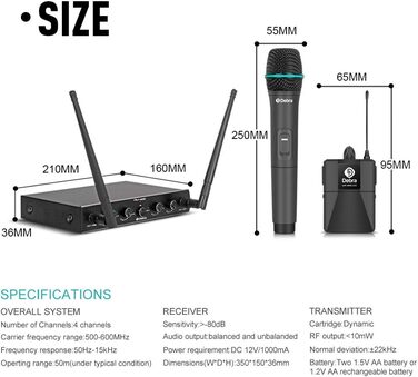 Debra 4-канальний UHF мікрофонний комплект, AU400: ручний, нагрудний, наголовний мікрофон для церкви, караоке, співу (2 ручні + 2 нагрудні мікрофони)