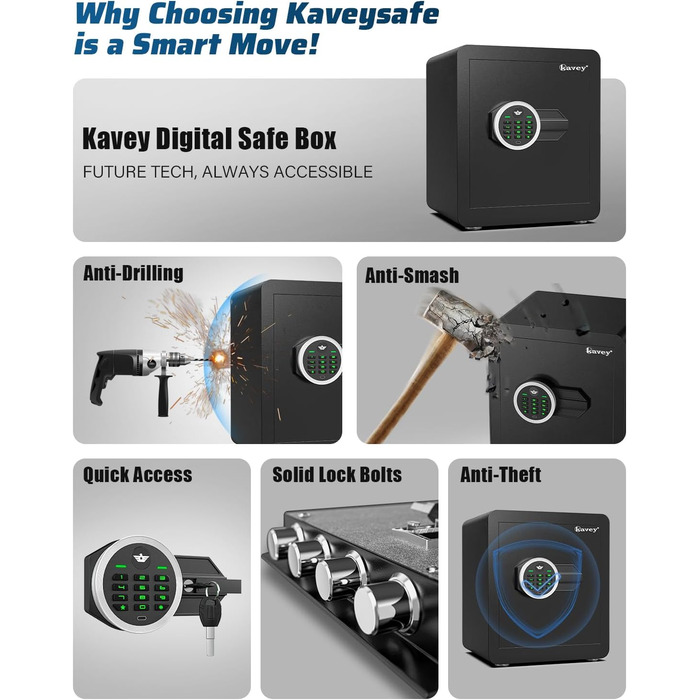 Сейф Kavey 42L з цифровим замком та подвійним сигналом тривоги, з LED-підсвіткою та висувним ящиком
