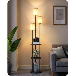 Стельова лампа для вітальні з поличкою, 3-хламкова лампа на ніжці з полицею Vintage, Бохо підлогова лампа з дерева з вимикачем на ніжці, патрон E27, ретро-дизайн, рустикальний коричнево-бежевий колір ZEF53LDD05 (Бежевий, Чорний)