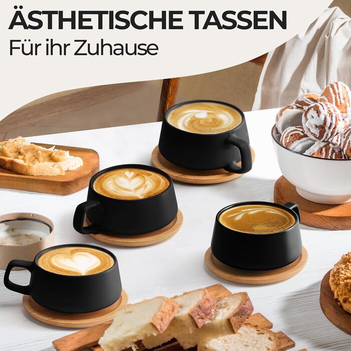 MIAMI - Set of 4 x 320 ml Coffee Cups/Cappuccino Cups with Saucers/Elegant/Modern/Coffee Cups made of stoneware - Luxe Collection 4-Piece Set (Black)