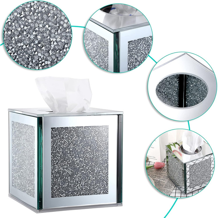 BTSKY Glittering Glass Cube Tissue Box with Crushed Crystal Diamonds for Home Decoration, Table Napkin Holder, Square Tissue Organizer