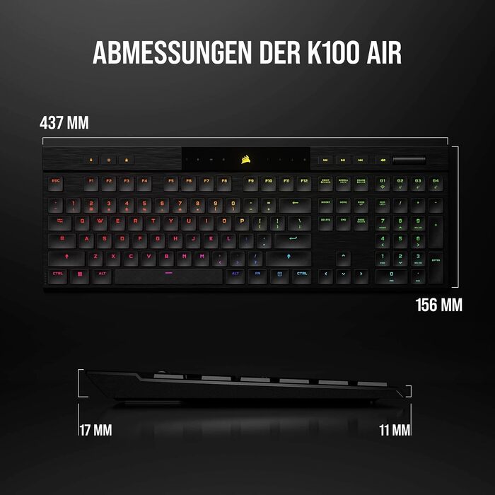 Ігрова механічна клавіатура Corsair K100 Air Wireless RGB з перемикачами Cherry MX Ultra Low Profile, Bluetooth, QWERTZ DE, чорна