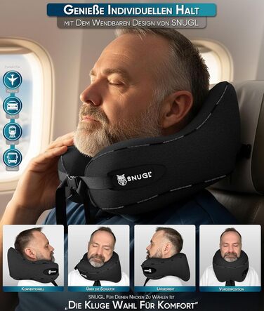 Подушка для шиї SNUGL з Memory Foam, регульована та миюча | Зручна подушка для подорожей на літаку, в авто та в дорогу | Подушка-шиїчкі SNUGL (Чорний, для дорослих)